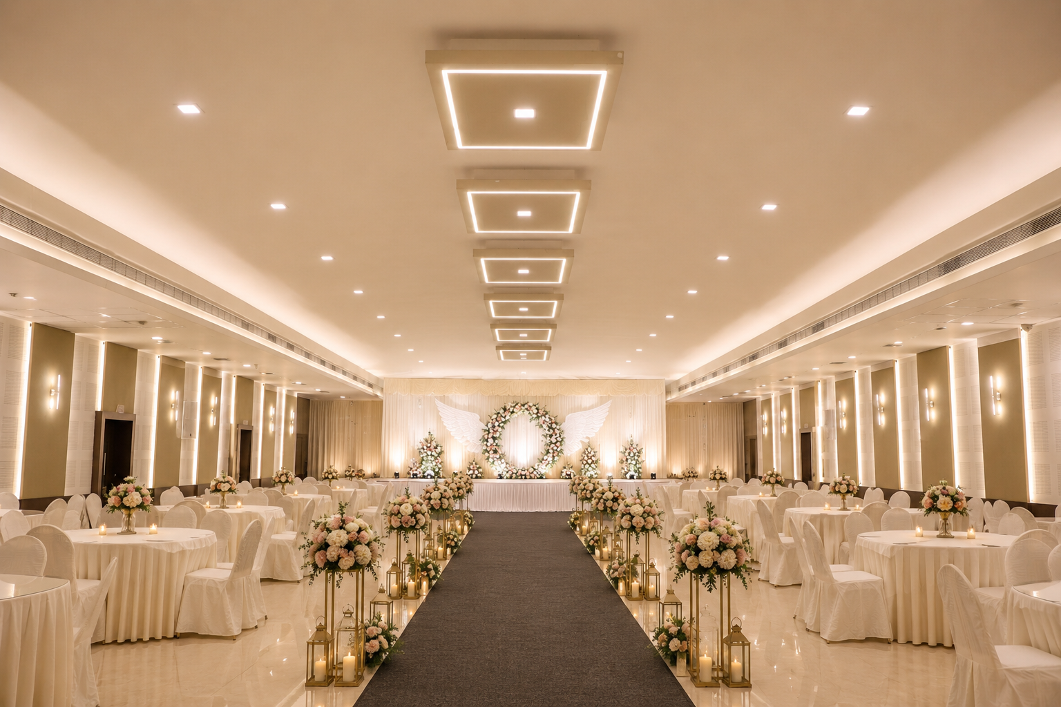 Beautifully decorated floral wedding entrance at Beith Convention Centre, Kochi